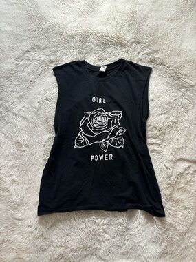Girl Power Black and White Graphic Print Sleeveless Muscle T-Shirt